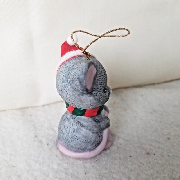 VTG Mouse Bells Bisque Porcelain‎ Christmas grey green red scarf - Picture 2 of 8
